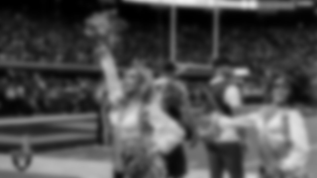 Raiderette Taylor on the sidelines during the regular season home game against the Dallas Cowboys at Allegiant Stadium.