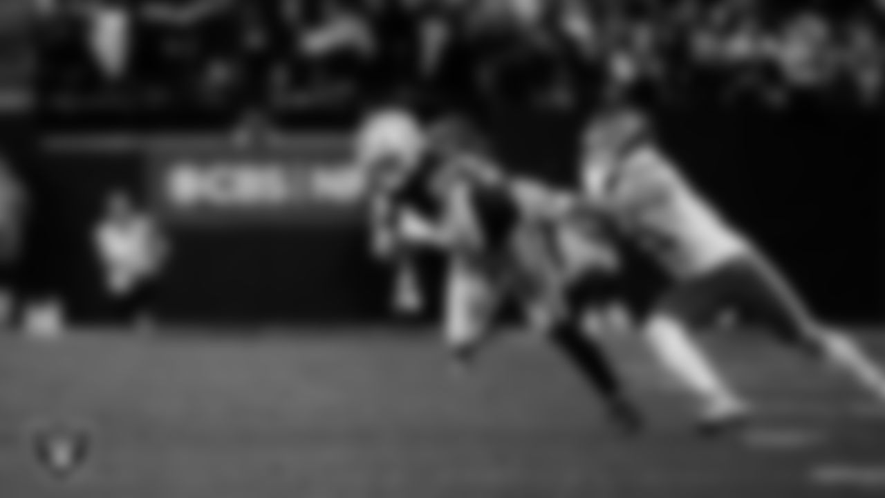 Las Vegas Raiders tight end Michael Mayer (87) runs after making a catch during the regular season home game against the Kansas City Chiefs at Allegiant Stadium.