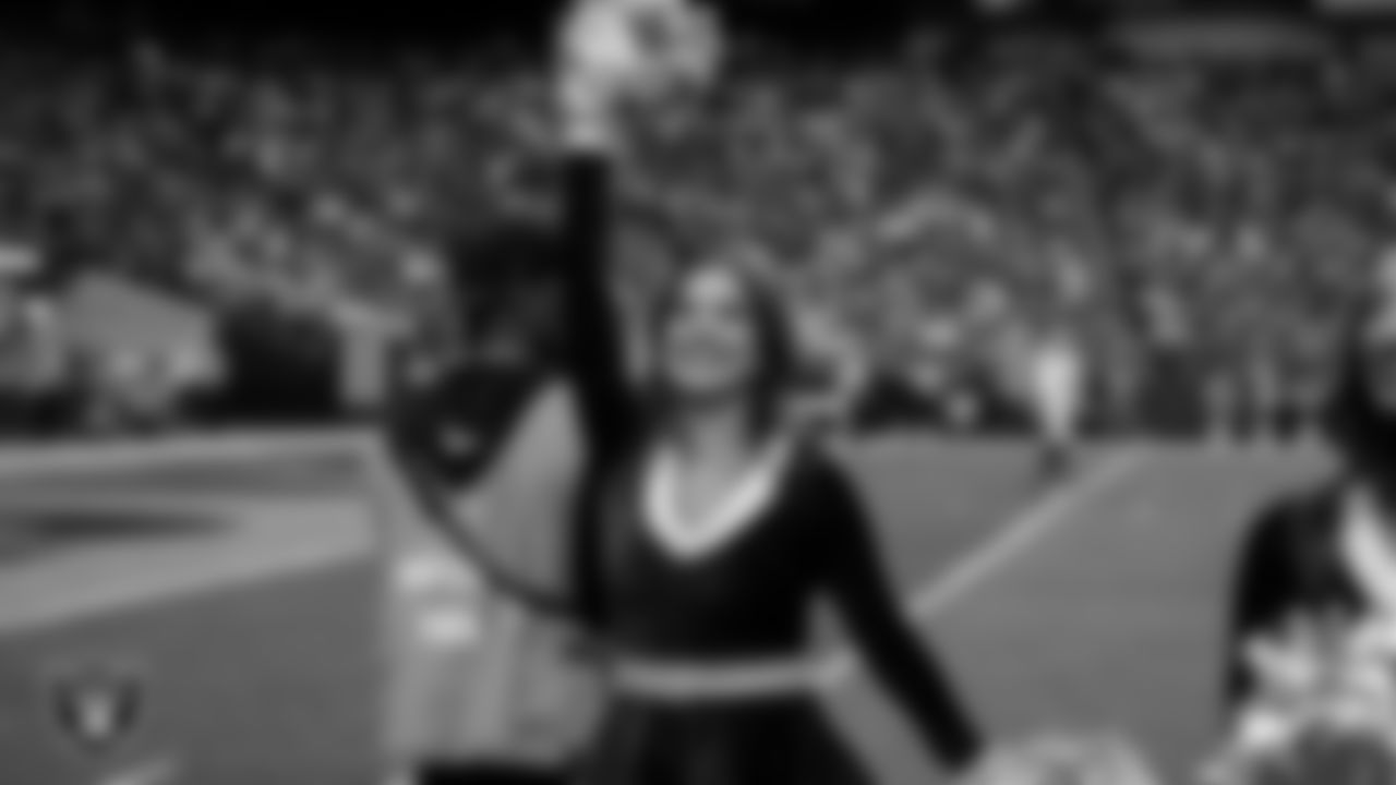 Raiderette Reagan on the sidelines during the regular season home game against the New York Giants at Allegiant Stadium.