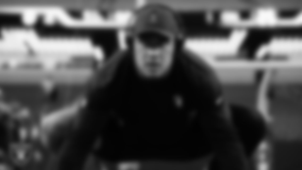 Las Vegas Raiders linebacker Brennan Jackson (54) warming up before the regular season home game against the Los Angeles Chargers at Allegiant Stadium.