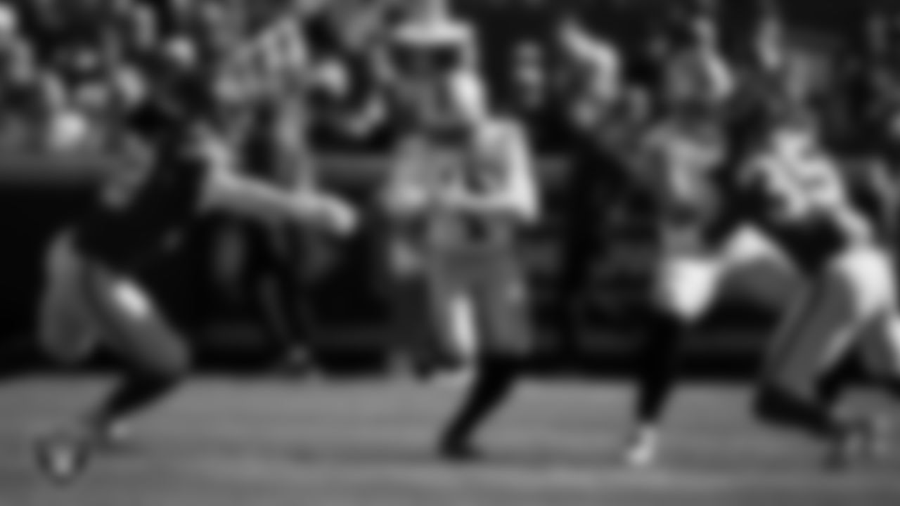 Las Vegas Raiders wide receiver Tre Tucker (1) runs after making a catch during the regular season away game against the Kansas City Chiefs at GEHA Field at Arrowhead Stadium.