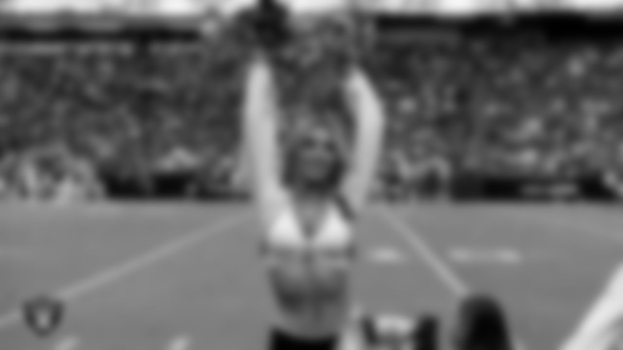 Raiderette Hayley on the sidelines during the regular season home game against the Tennessee Titans at Allegiant Stadium.