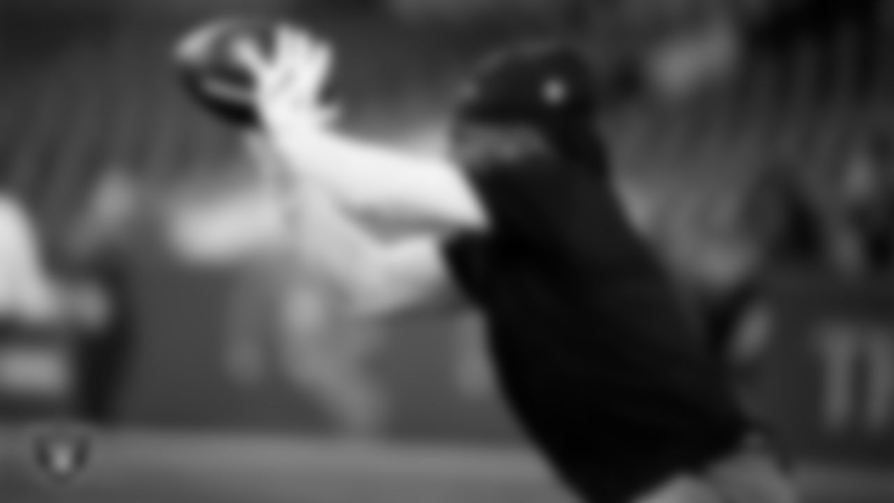 Las Vegas Raiders wide receiver Tre Tucker (1) warming up before the regular season away game against the Denver Broncos at Empower Field at Mile High.