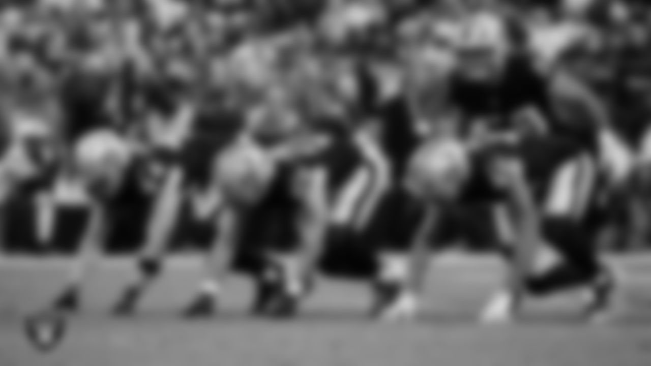 Las Vegas Raiders linebacker Tommy Eichenberg (44), linebacker Cody Lindenberg (55), linebacker Jon Rhattigan (59) and tight end Carter Runyon (46) line up before the snap during the regular season home game against the Cleveland Browns at Allegiant Stadium.
