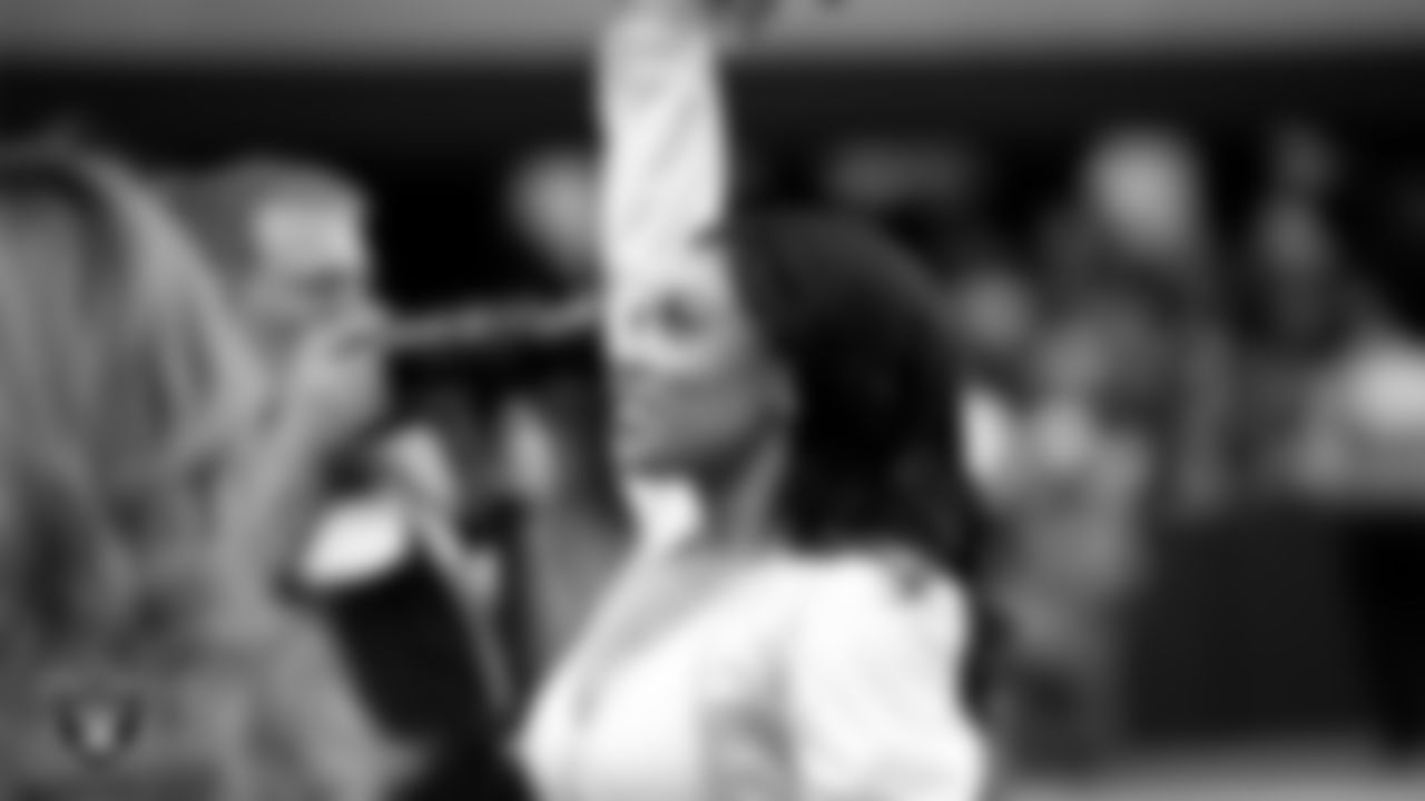 Raiderette Bria on the sidelines during the preseason home game against the San Francisco 49ers at Allegiant Stadium.
