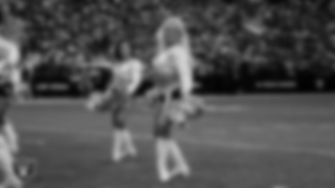 Raiderette Pip performs on the field before the regular season home game against the Kansas City Chiefs at Allegiant Stadium.