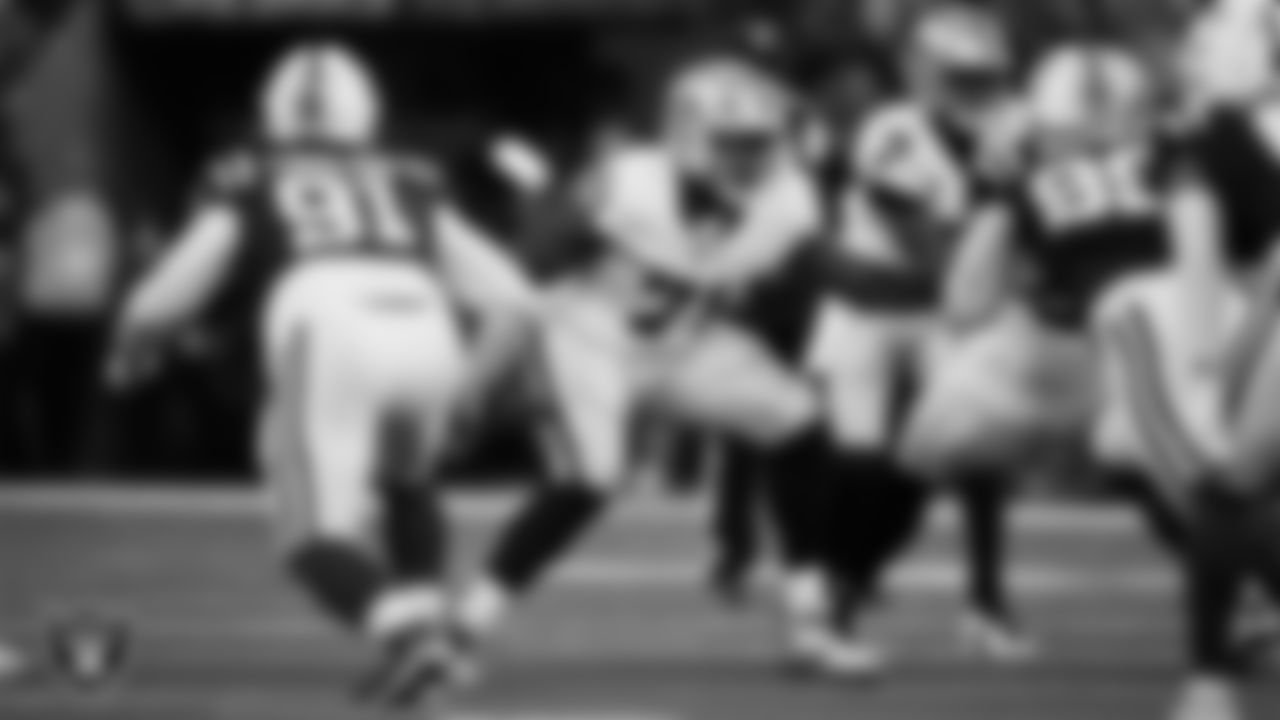 Las Vegas Raiders tackle DJ Glaze (71) blocks during the regular season away game against the Indianapolis Colts at Lucas Oil Stadium.