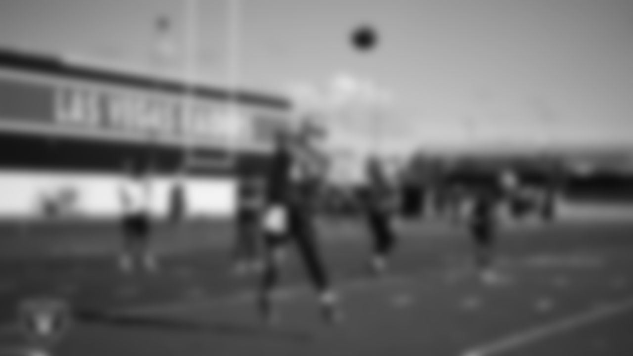 Las Vegas Raiders quarterback Aidan O'Connell (12) during practice at Intermountain Health Performance Center.