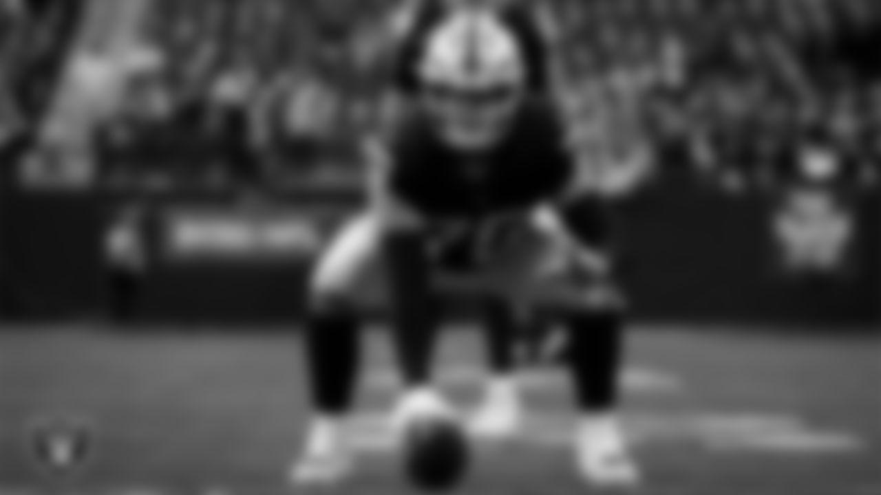 Las Vegas Raiders guard Caleb Rogers (76) warming up before the regular season home game against the New York Giants at Allegiant Stadium.