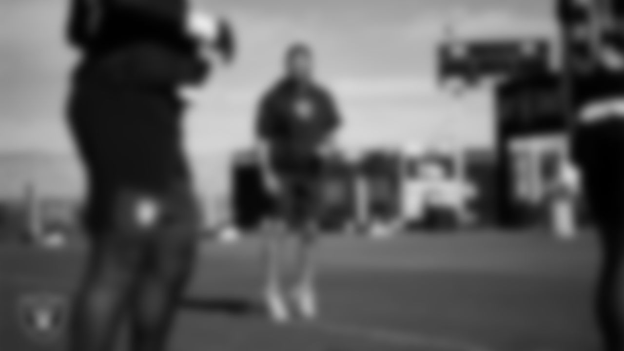 Las Vegas Raiders run game coordinator/defensive line coach Rob Leonard on the field for practice at 2025 Training Camp at Intermountain Health Performance Center.