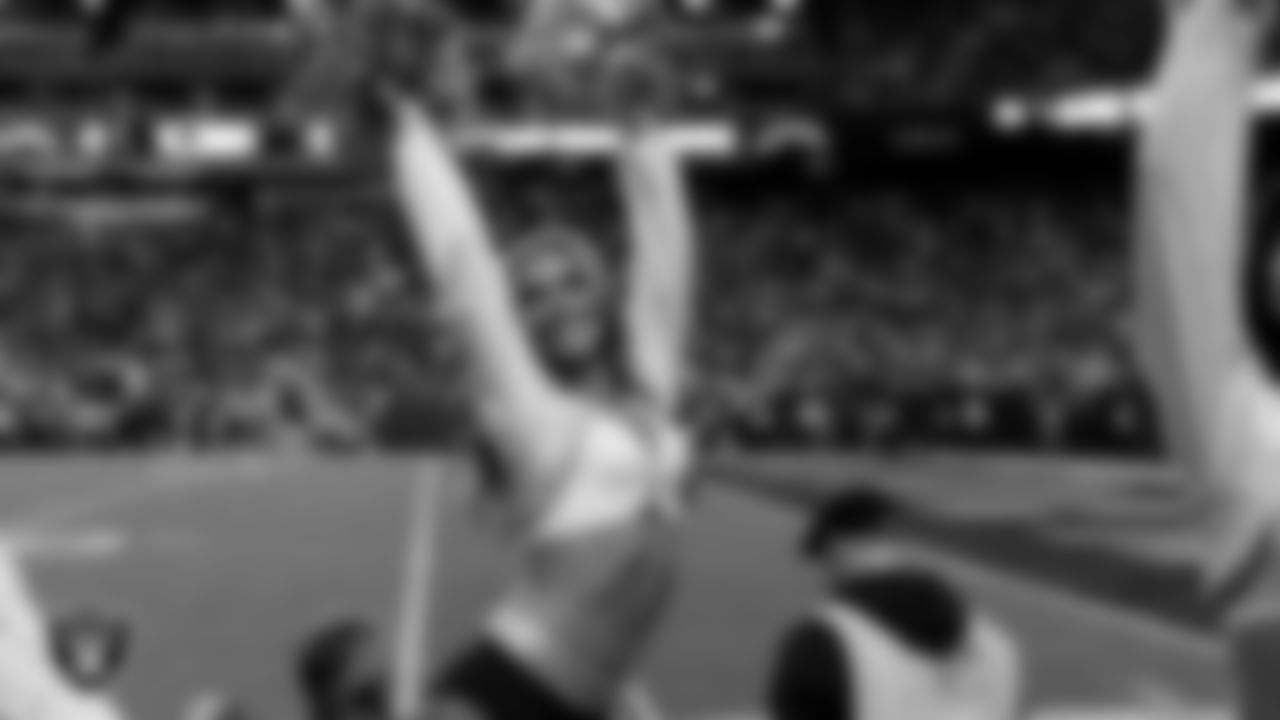 Raiderette Shelby on the sidelines during the regular season home game against the Jacksonville Jaguars at Allegiant Stadium.
