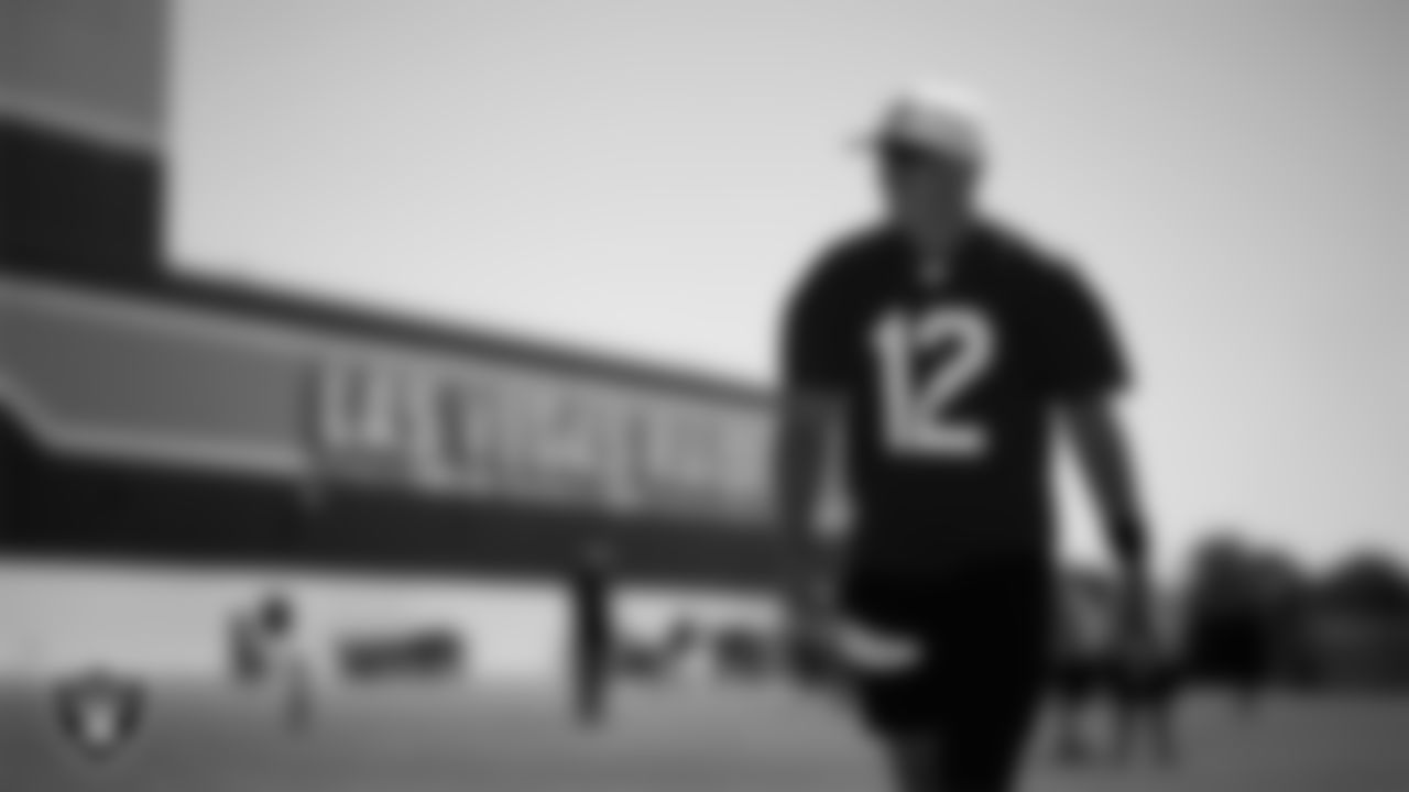 Las Vegas Raiders quarterback Aidan O'Connell (12) at a workout during phase two of the offseason program at Intermountain Health Performance Center.