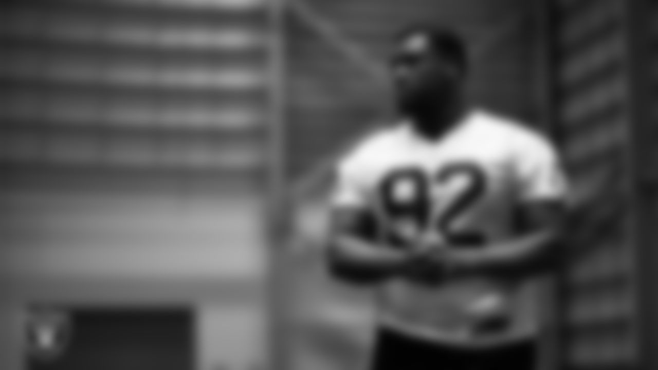 Las Vegas Raiders defensive tackle JJ Pegues (92) during practice at Intermountain Health Performance Center.