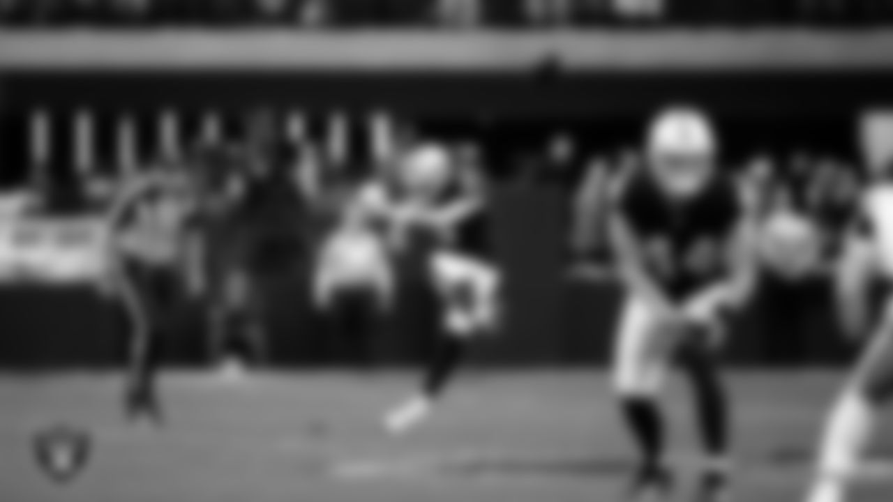 Las Vegas Raiders kicker Daniel Carlson (8) kicks off during the regular season home game against the Cleveland Browns at Allegiant Stadium.