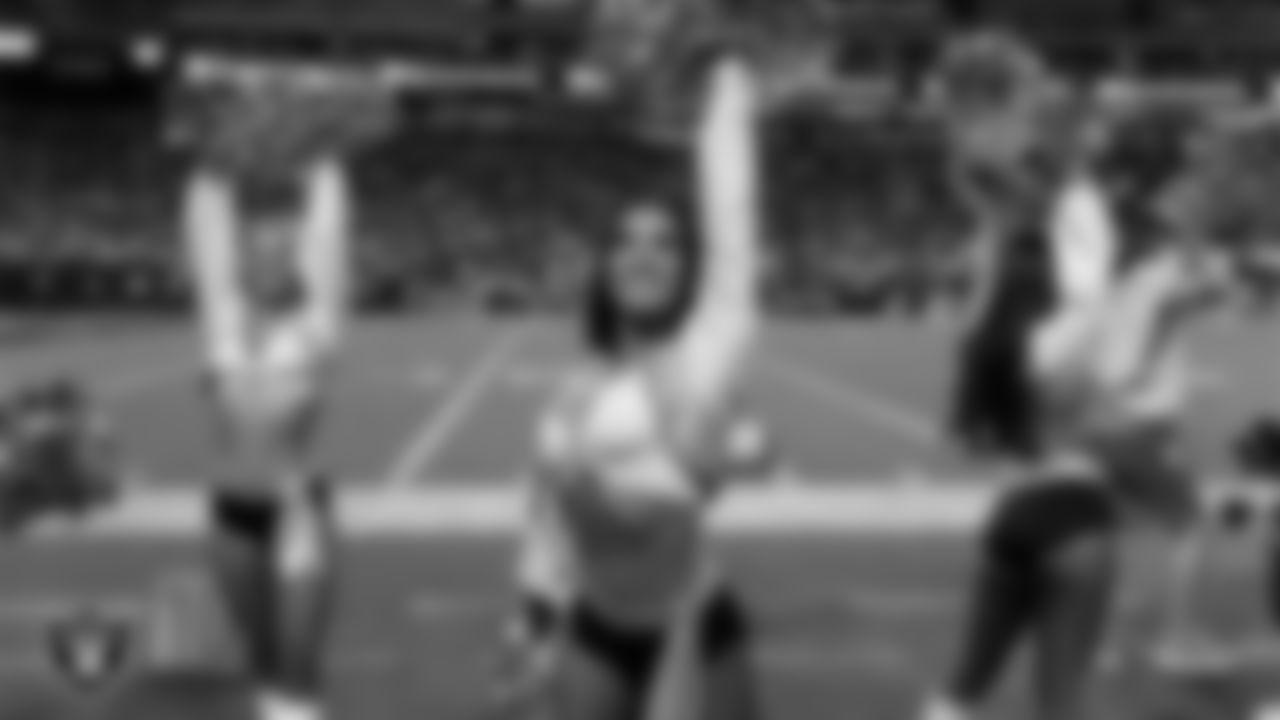 Raiderette Kylie on the sidelines during the regular season home game against the Los Angeles Chargers at Allegiant Stadium.