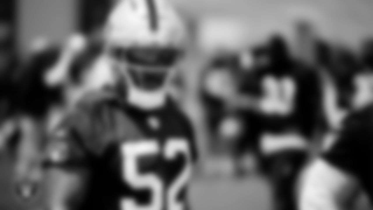 Las Vegas Raiders linebacker Elandon Roberts (52) at an Organized Team Activity (OTA) at Intermountain Health Performance Center.