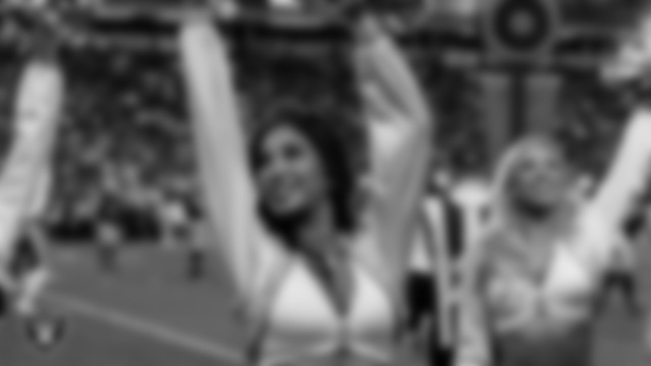 Raiderette Meekela on the sidelines during the regular season home game against the Kansas City Chiefs at Allegiant Stadium.