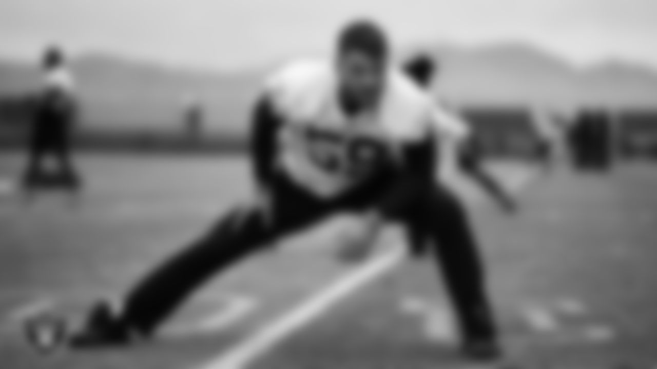 Las Vegas Raiders linebacker Jon Rhattigan (59) during practice at Intermountain Health Performance Center.