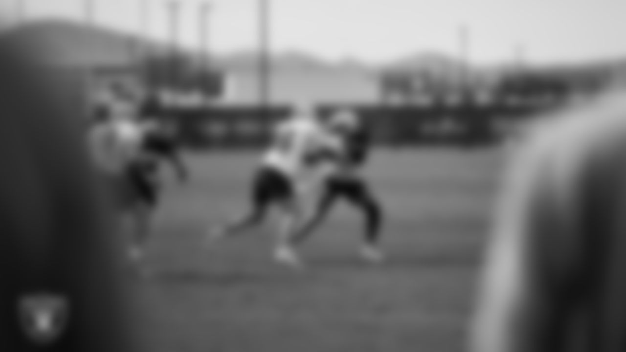 Las Vegas Raiders defensive end Malcolm Koonce (51) and tight end Carter Runyon (46) during practice at Intermountain Health Performance Center.