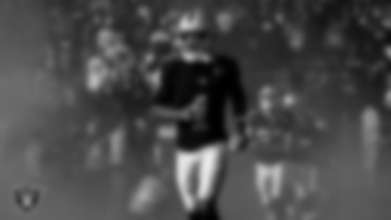 Las Vegas Raiders wide receiver Tre Tucker (1) as the team is introduced onto the field before the regular season home game against the Dallas Cowboys at Allegiant Stadium.