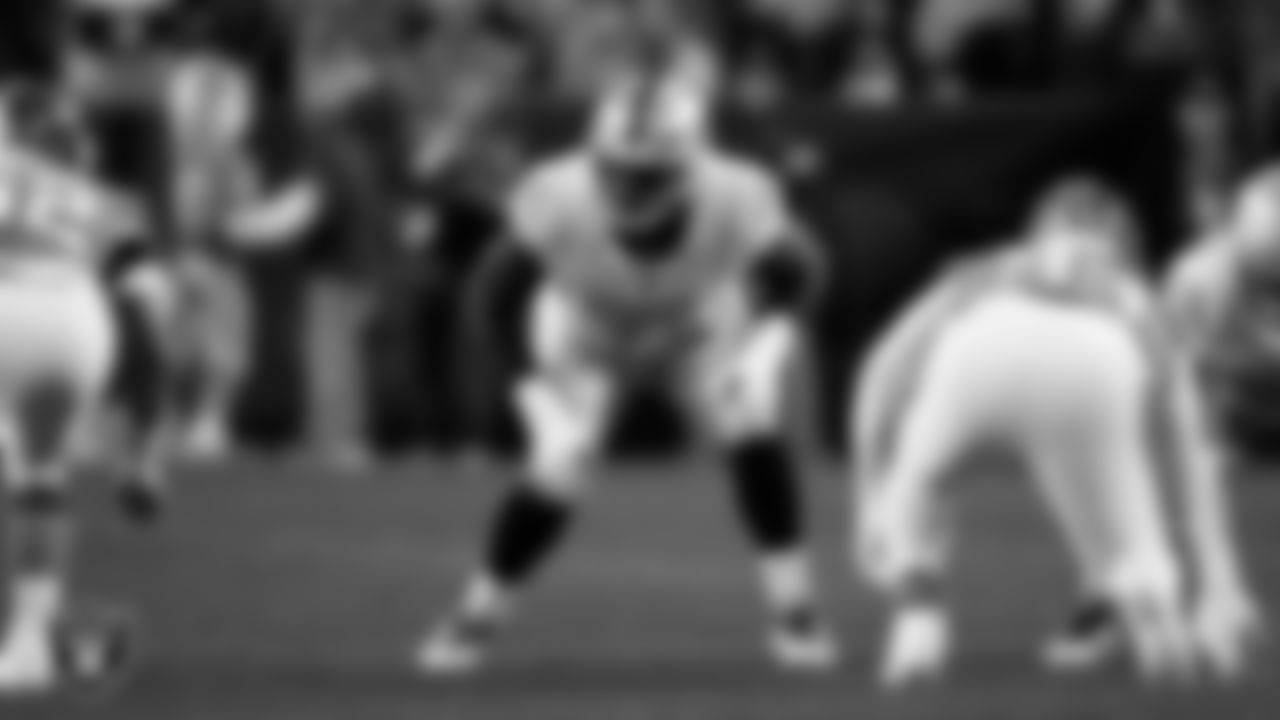 Las Vegas Raiders tackle DJ Glaze (71) lines up before the snap during the regular season away game against the Denver Broncos at Empower Field at Mile High.