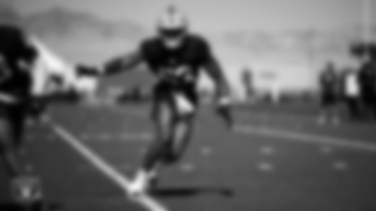 Las Vegas Raiders linebacker Amari Gainer (53) on the field for practice at 2025 Training Camp at Intermountain Health Performance Center.
