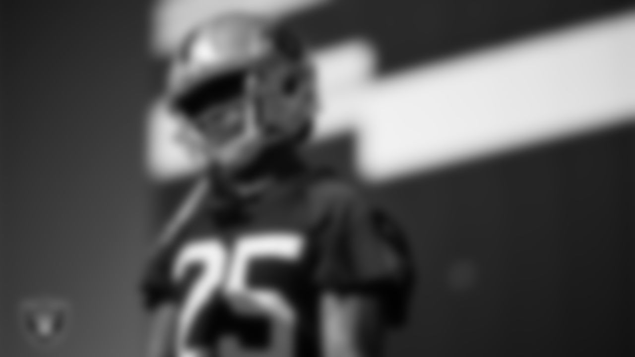 Las Vegas Raiders cornerback Decamerion Richardson (25) during practice at Intermountain Health Performance Center.