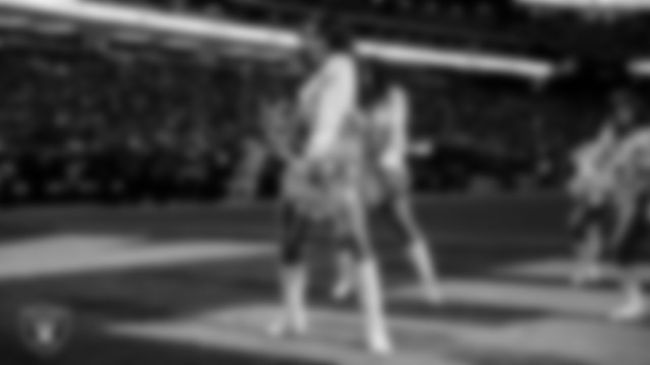 Raiderette Annalise performs on the field during the regular season home game against the Kansas City Chiefs at Allegiant Stadium.