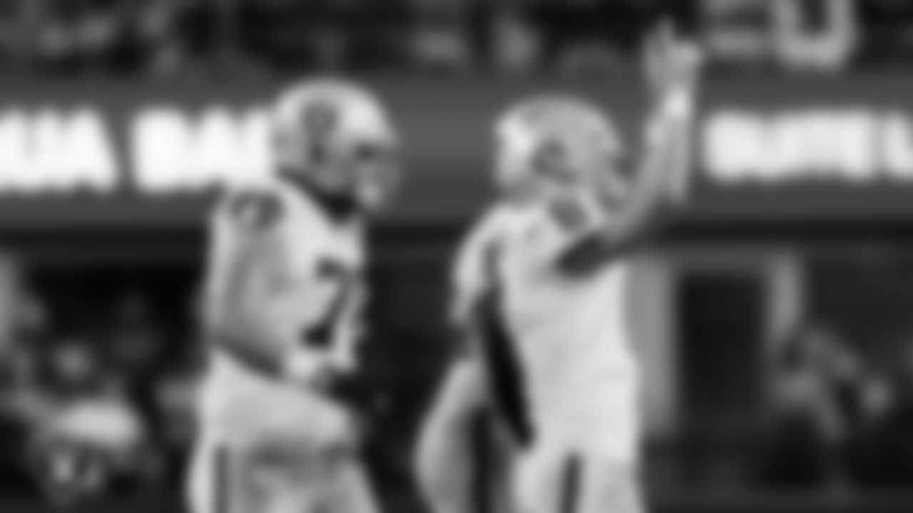 Las Vegas Raiders kicker Daniel Carlson (8) celebrates after kicking a 51-yard field goal during the preseason away game against the Seattle Seahawks at Lumen Field.