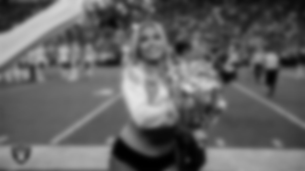 Raiderette Devyn on the sidelines during the regular season home game against the Kansas City Chiefs at Allegiant Stadium.