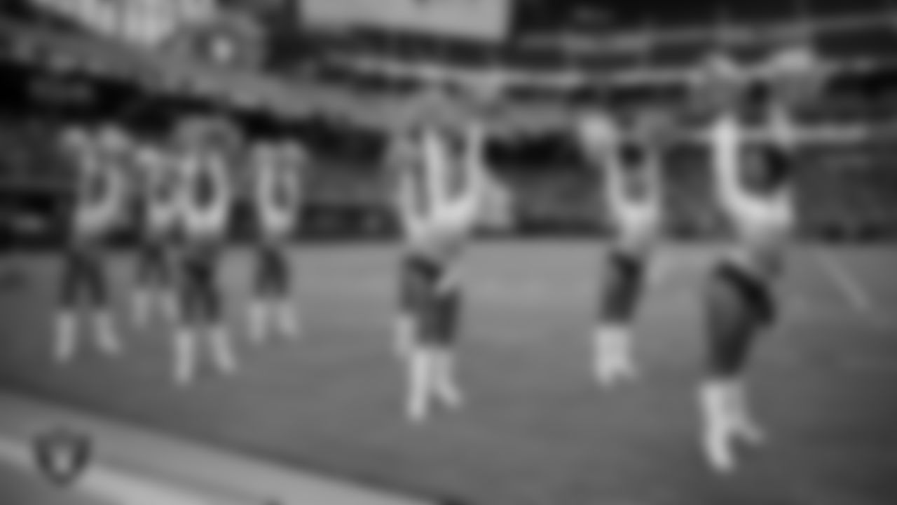 Line 2 of the Raiderettes performs on the sidelines during a 2025 Training Camp mock game at Allegiant Stadium.