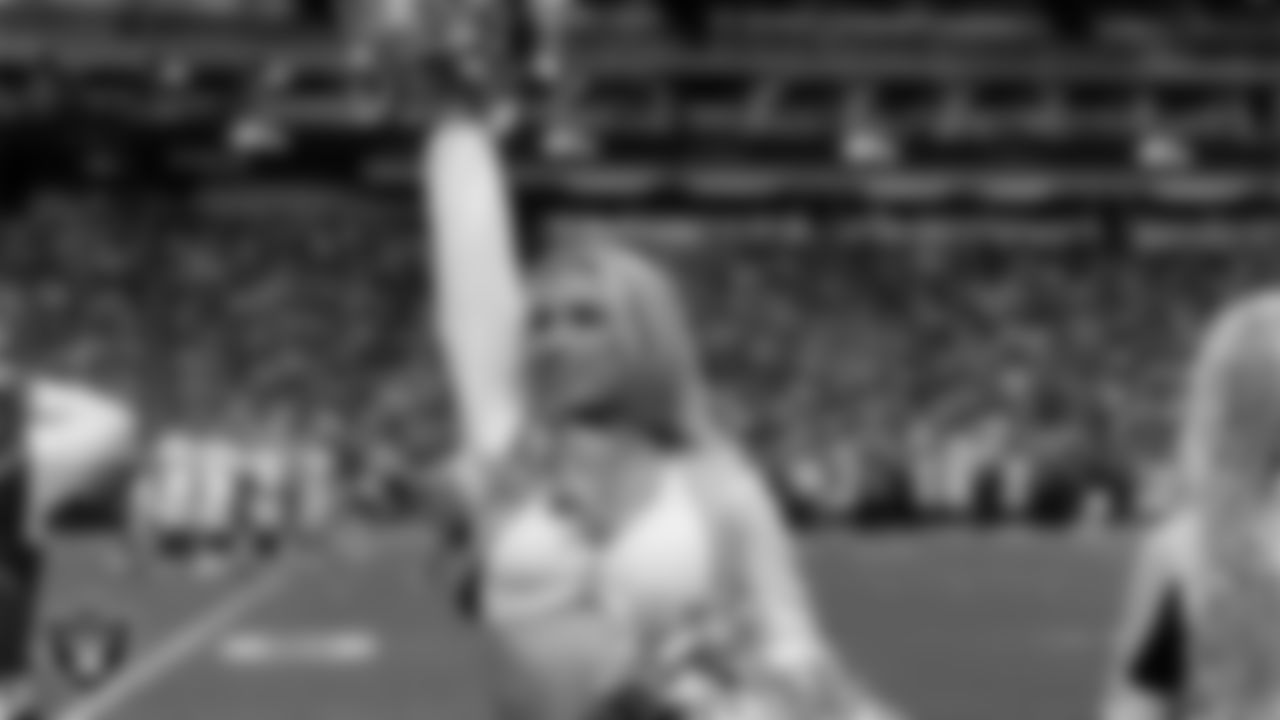 Raiderette Delaney on the sidelines during the regular season home game against the Denver Broncos at Allegiant Stadium.