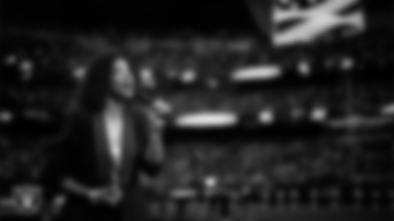 Actress and singer Renee Elise Goldsberry performs the national anthem before the Las Vegas Raiders' regular season home game against the Jacksonville Jaguars at Allegiant Stadium.