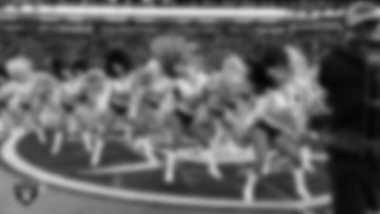 The Raiderettes perform on the field before the regular season home game against the Los Angeles Chargers at Allegiant Stadium.