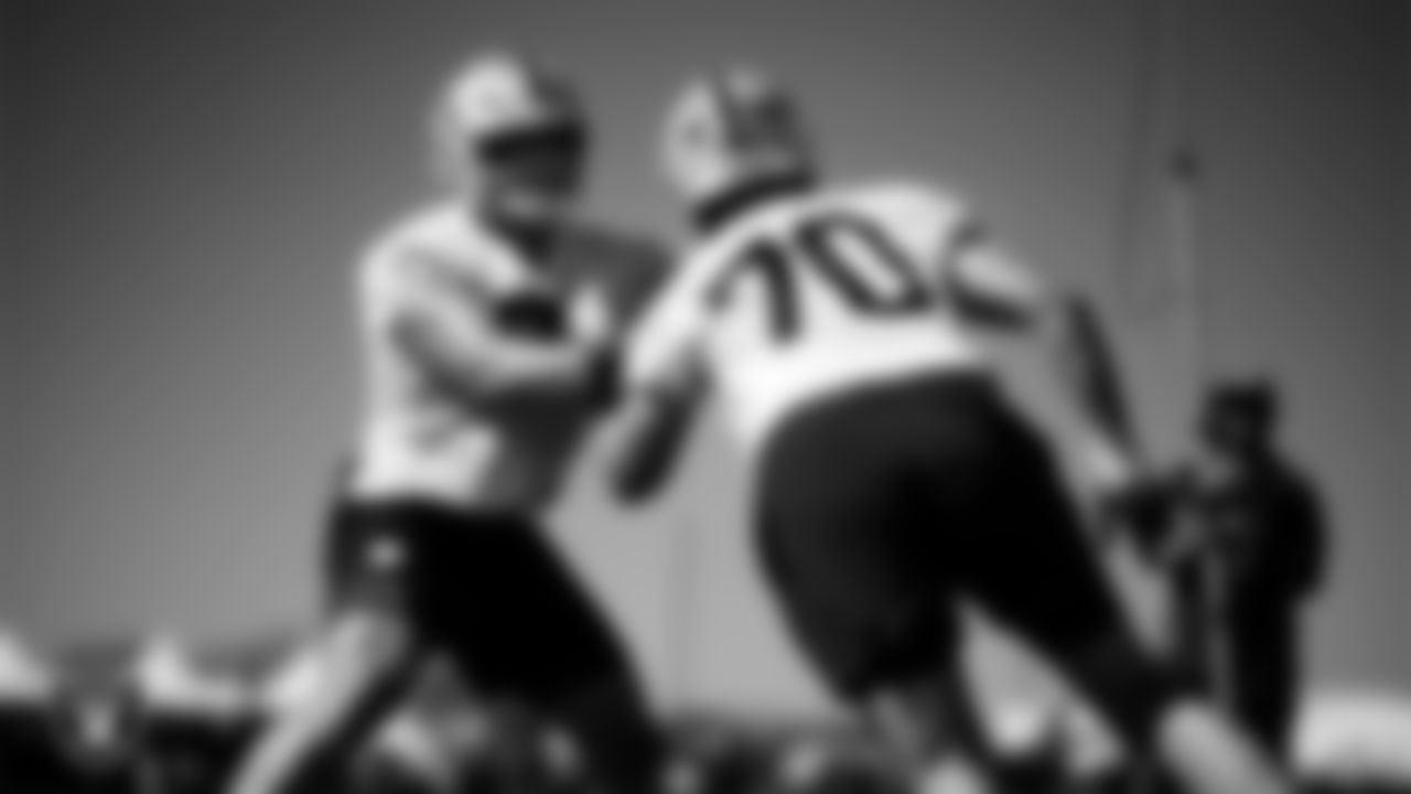 Las Vegas Raiders tackle Kolton Miller (74) and tackle Parker Clements (70) on the field for practice at 2025 Training Camp at Intermountain Health Performance Center.