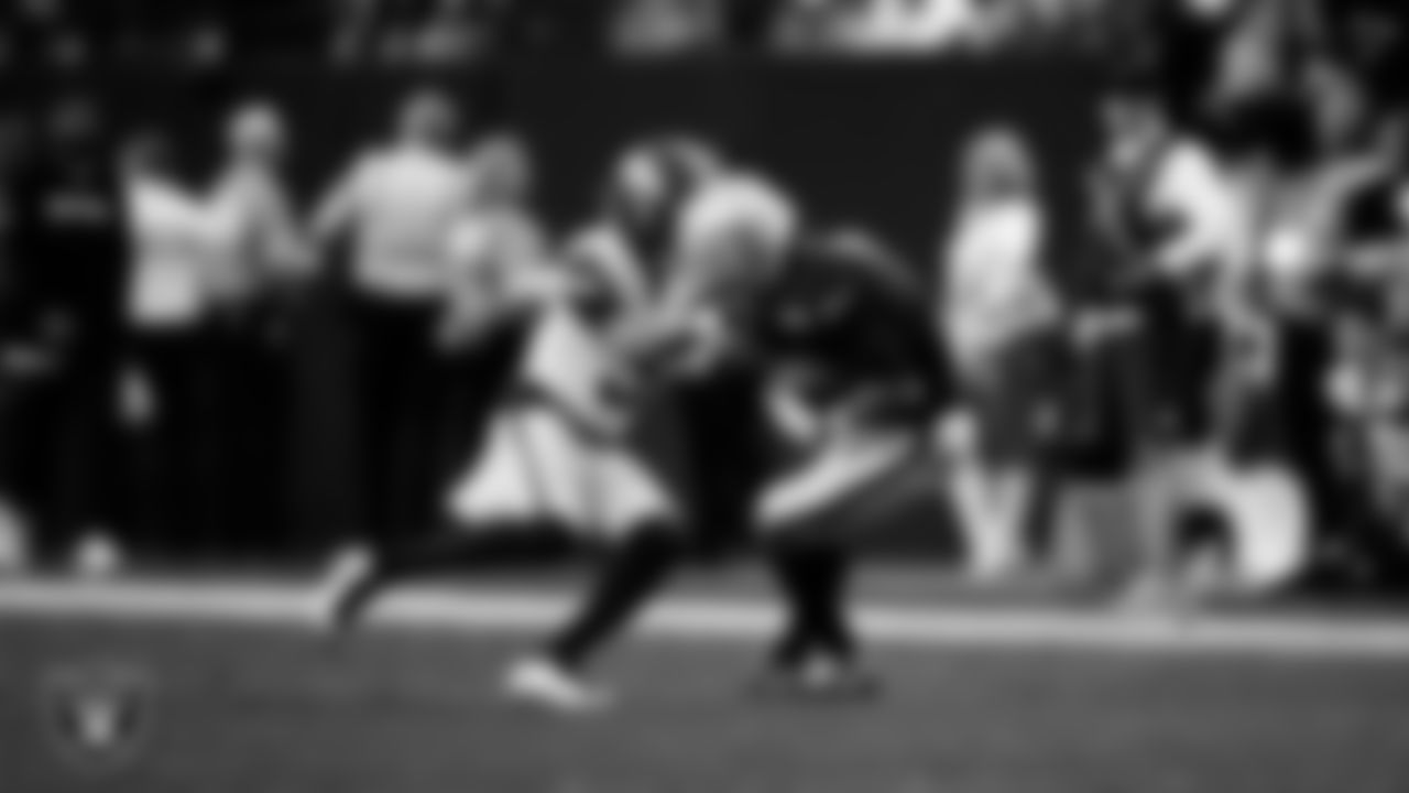 Las Vegas Raiders wide receiver Tre Tucker (1) makes a catch during the regular season home game against the Denver Broncos at Allegiant Stadium.