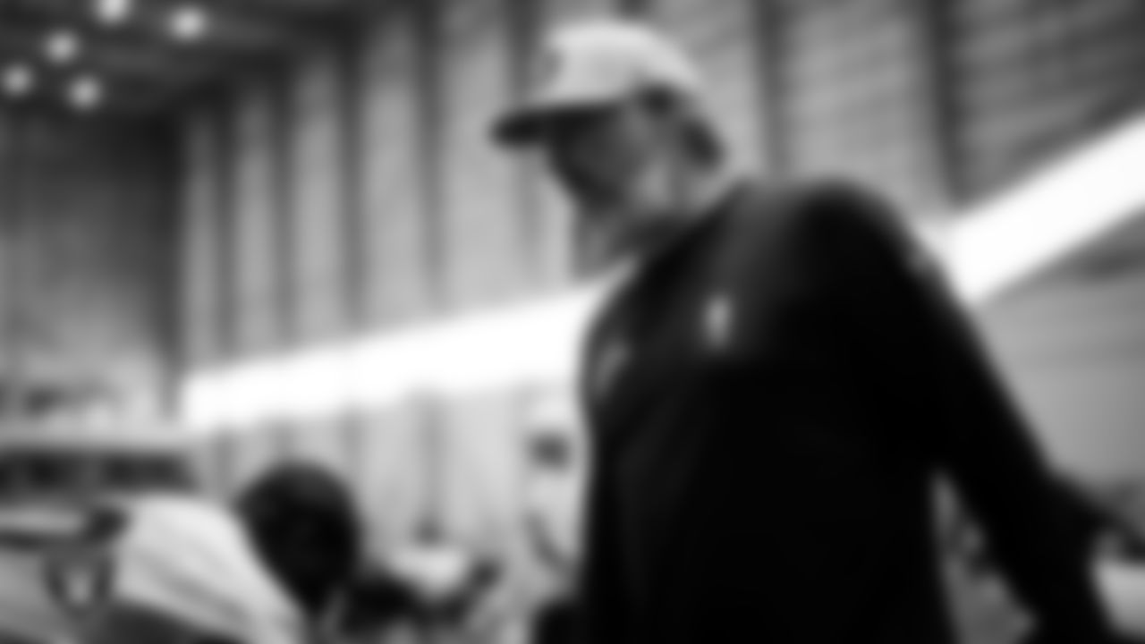 Las Vegas Raiders run game coordinator/offensive line coach Brennan Carroll on the field for practice at 2025 Training Camp at Intermountain Health Performance Center.