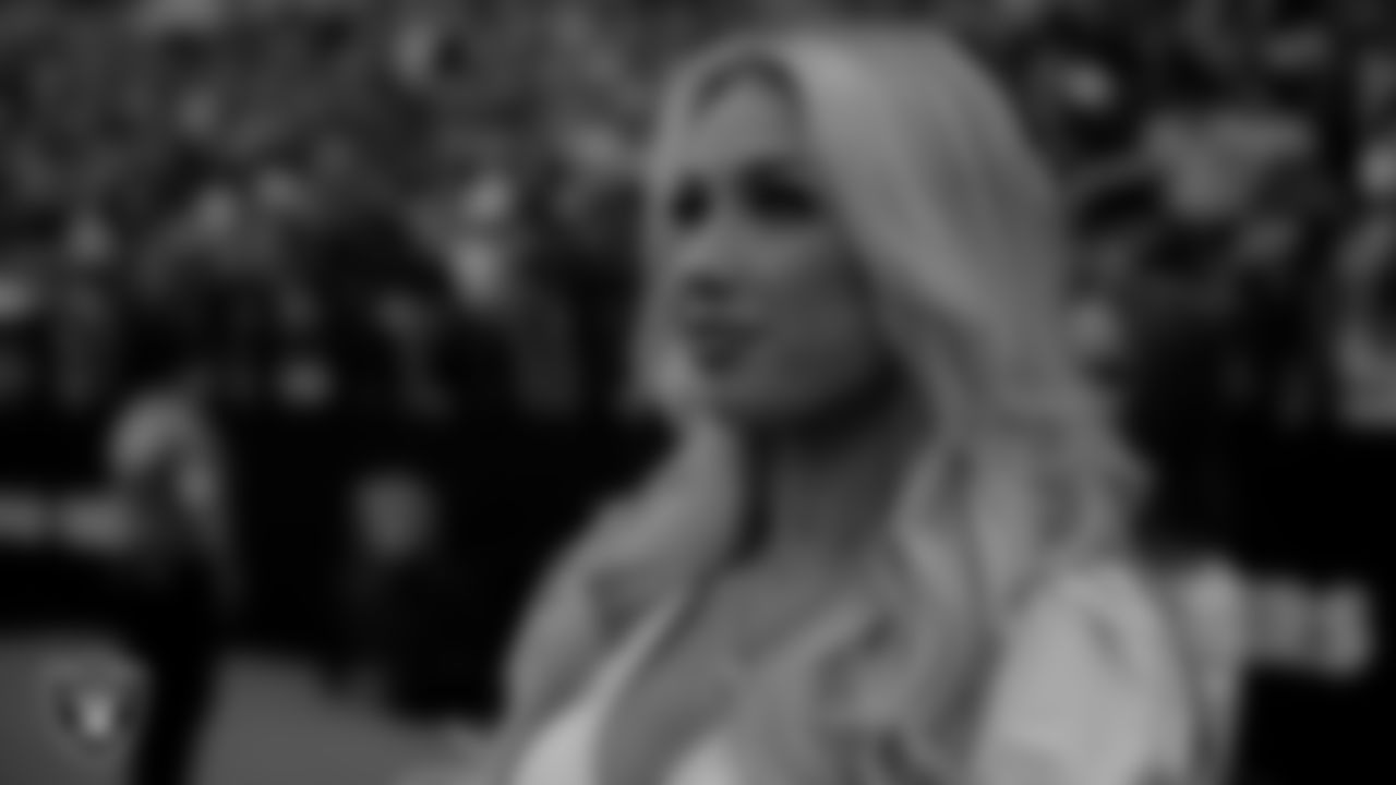 Raiderette Delaney on the sidelines during the regular season home game against the Kansas City Chiefs at Allegiant Stadium.