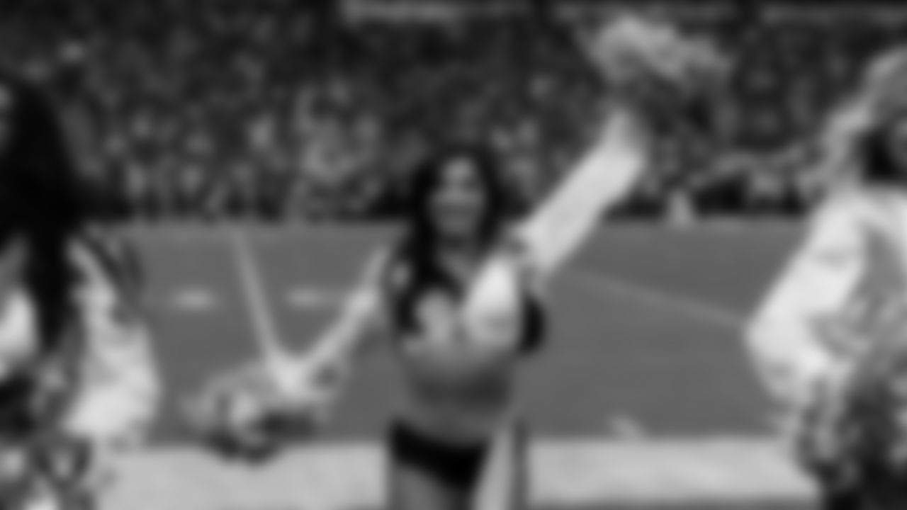 Raiderette Tatiana on the sidelines during the regular season home game against the Jacksonville Jaguars at Allegiant Stadium.