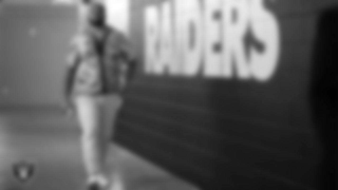 Las Vegas Raiders guard/tackle Jermaine Eluemunor (72) arrives to the regular season home game against the New York Giants at Allegiant Stadium.