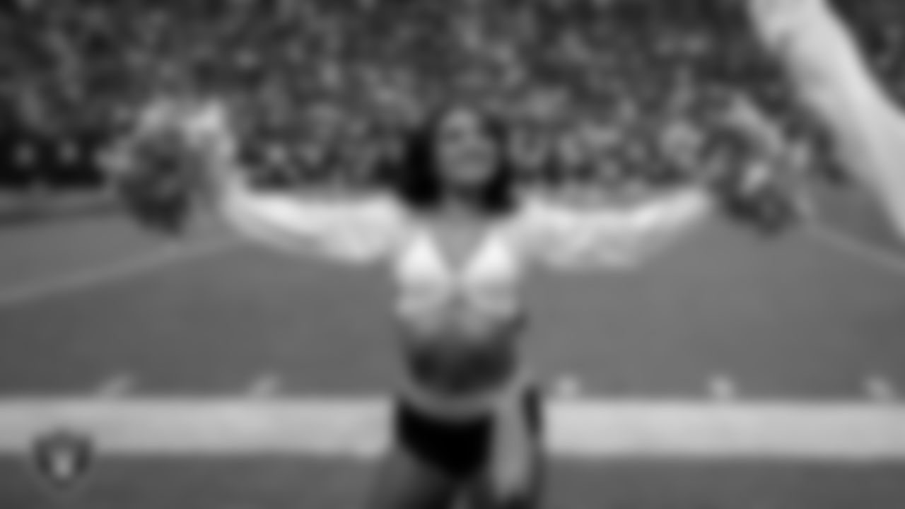 Raiderette Sloane on the sidelines during the regular season home game against the Kansas City Chiefs at Allegiant Stadium.