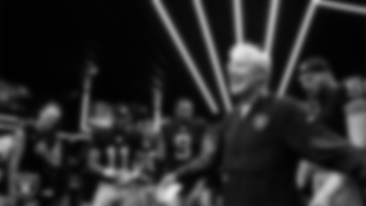 Las Vegas Raiders Head Coach Pete Carroll addresses his players in the locker room after the regular season home game against the Tennessee Titans at Allegiant Stadium.