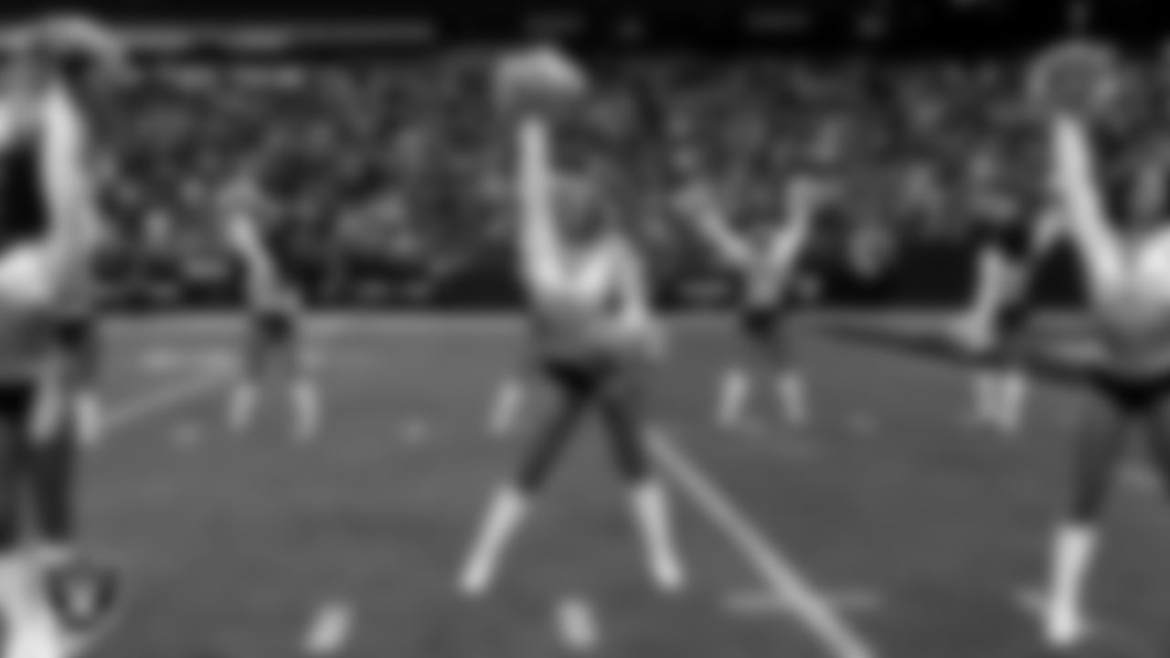 Raiderette Cori during player introductions before the regular season home game against the Denver Broncos at Allegiant Stadium.