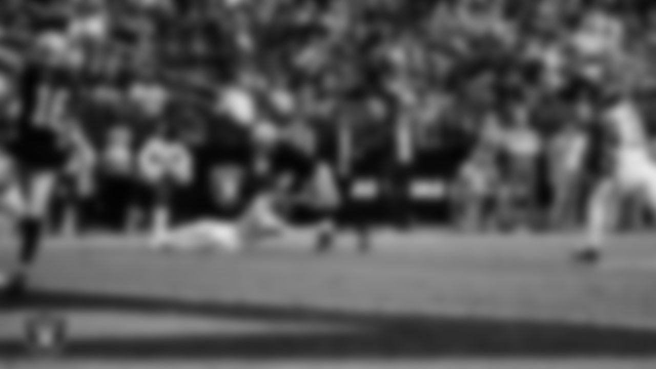 Las Vegas Raiders wide receiver Tre Tucker (1) runs after making a catch during the regular season home game against the Tennessee Titans at Allegiant Stadium.