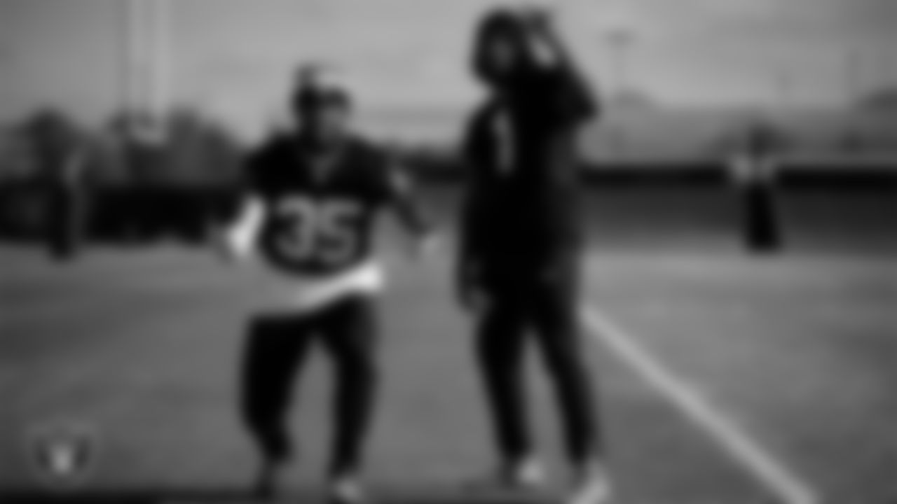 Las Vegas Raiders linebacker Devin White (45) and running back Zamir White (3) during practice at Intermountain Health Performance Center.