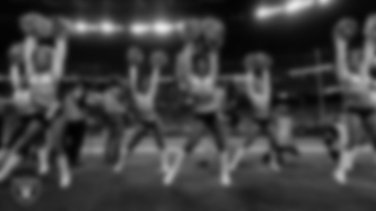 Line 1 of the Raiderettes performs on the sidelines during the regular season home game against the Dallas Cowboys at Allegiant Stadium.