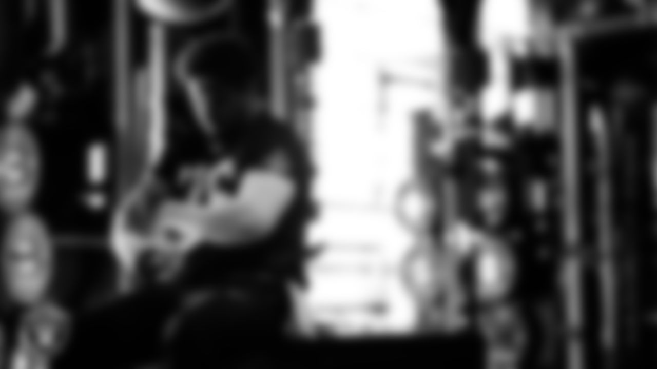 Las Vegas Raiders guard Caleb Rogers (76) in the weight room during practice at Intermountain Health Performance Center.