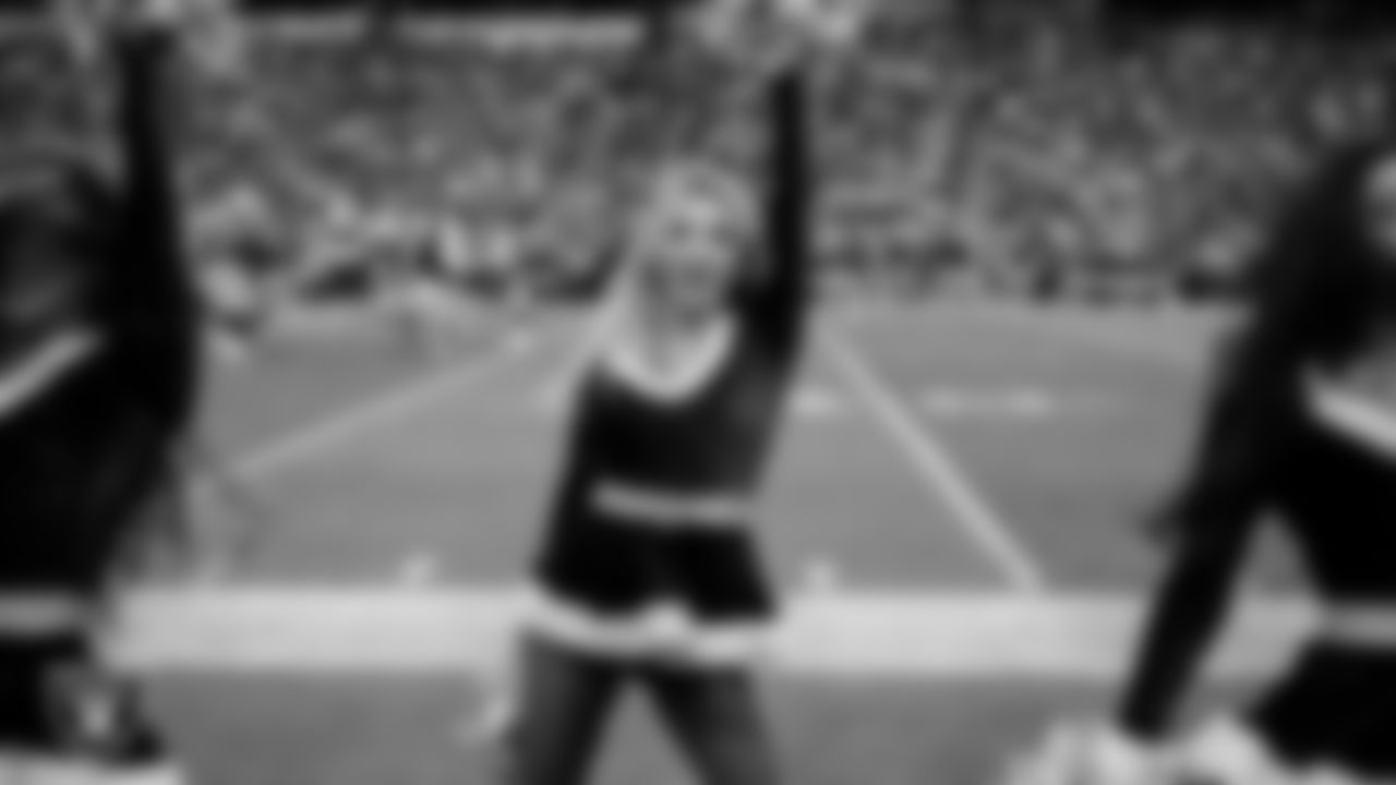 Raiderette Hayley performs on the sidelines during the regular season home game against the New York Giants at Allegiant Stadium.
