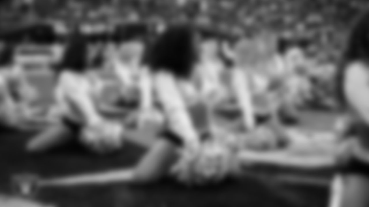 Raiderette Shayla performs on the field before the regular season home game against the Kansas City Chiefs at Allegiant Stadium.