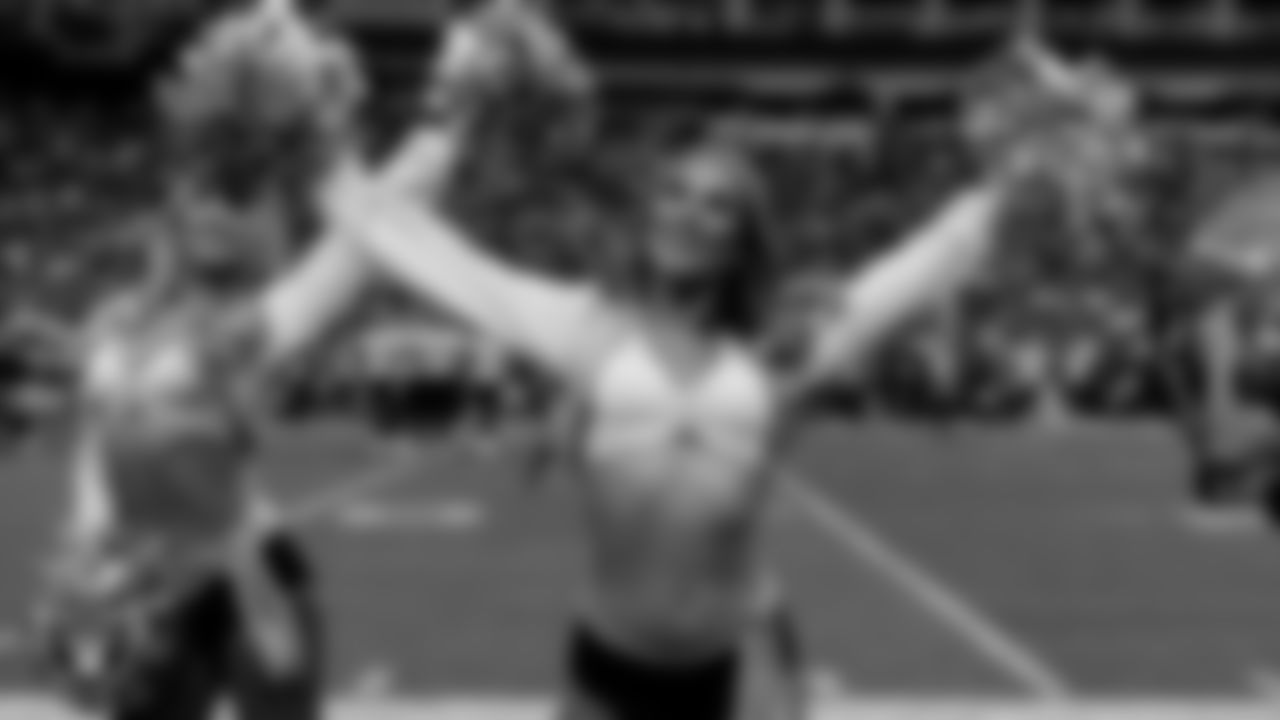 Raiderette Madisyn on the sidelines during the regular season home game against the Jacksonville Jaguars at Allegiant Stadium.